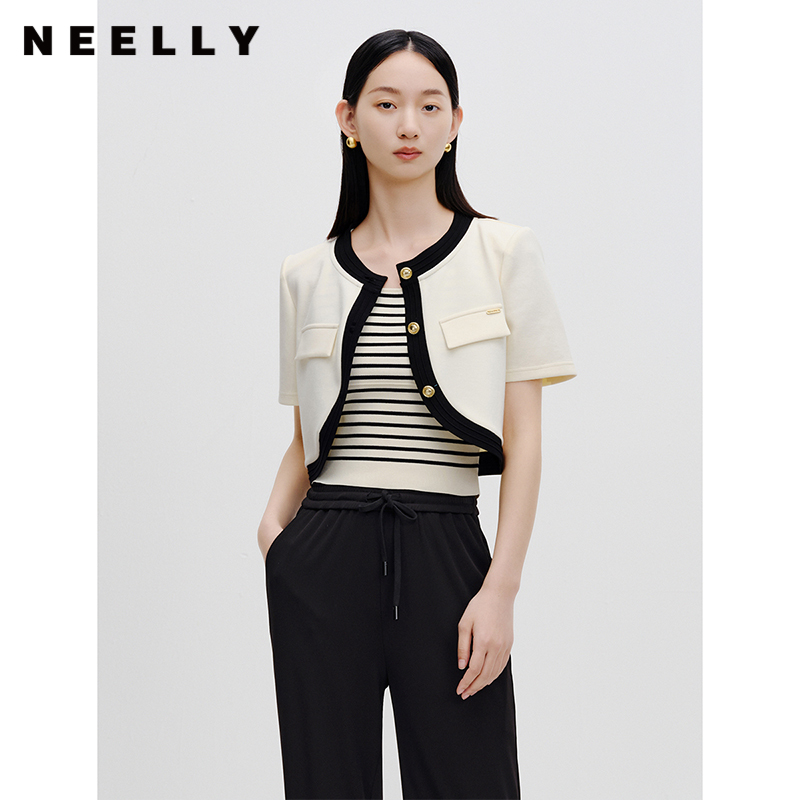 NEELLY纳俪商场同款小香风短款气质外套女撞色金扣气质上衣百搭N23071C01017