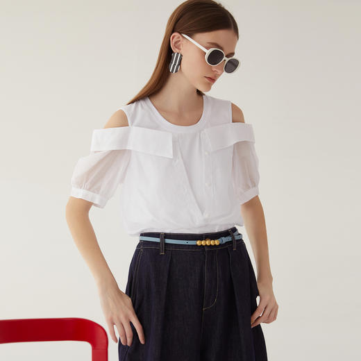 谜底露肩上衣女2024夏季新款时尚圆领拼接收腰衬衫短袖246MS7038 商品图0