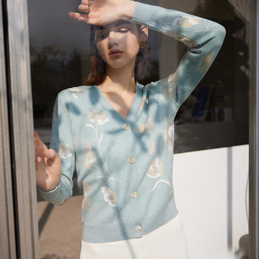 【V领印花针织开衫】24年春夏心里女士印花短款针织小外套 商品图1