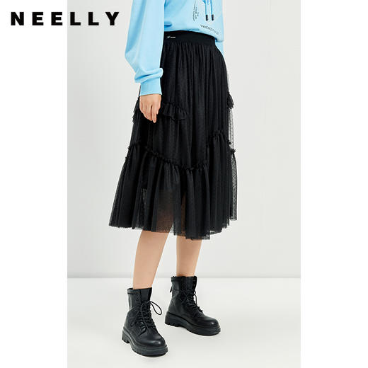 NEELLY纳俪商场同款半身裙款中长款黑色纱裙百搭时尚A字裙N22104E04556 商品图0