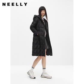 NEELLY纳俪商场同款冬季羽绒服女长款过膝腰带显瘦连帽外套N23104L04413