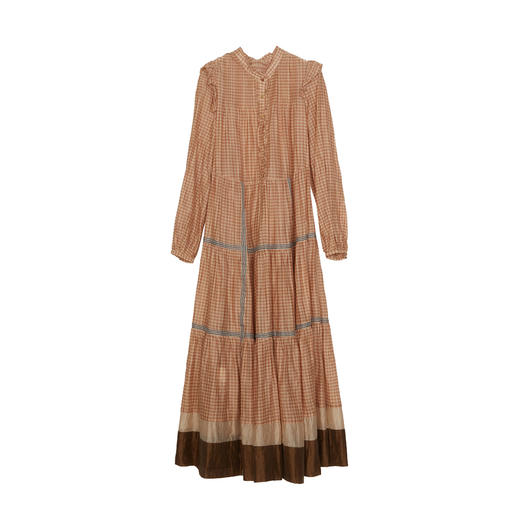 谜底两件式连衣裙长袖2024春款复古文艺格子长裙配腰带241GL0112 商品图4