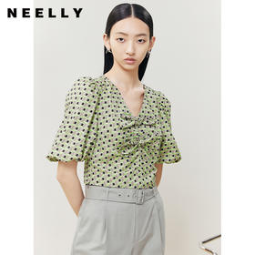 NEELLY纳俪商场同款V领泡泡袖衬衫女胸前蝴蝶结显瘦套头上衣百搭N22052R01156