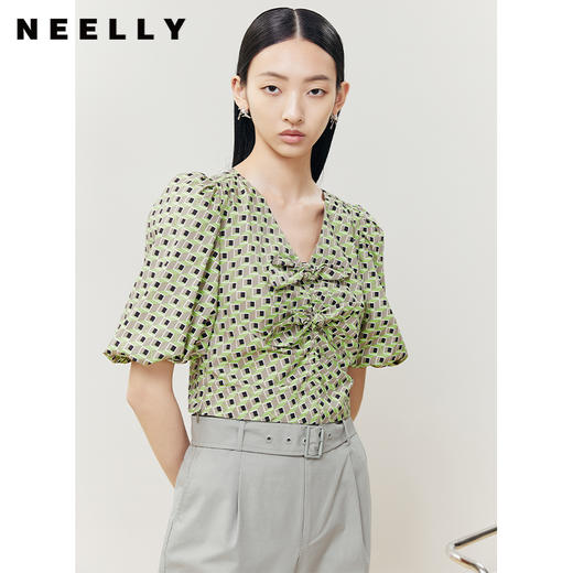 NEELLY纳俪商场同款V领泡泡袖衬衫女胸前蝴蝶结显瘦套头上衣百搭N22052R01156 商品图0