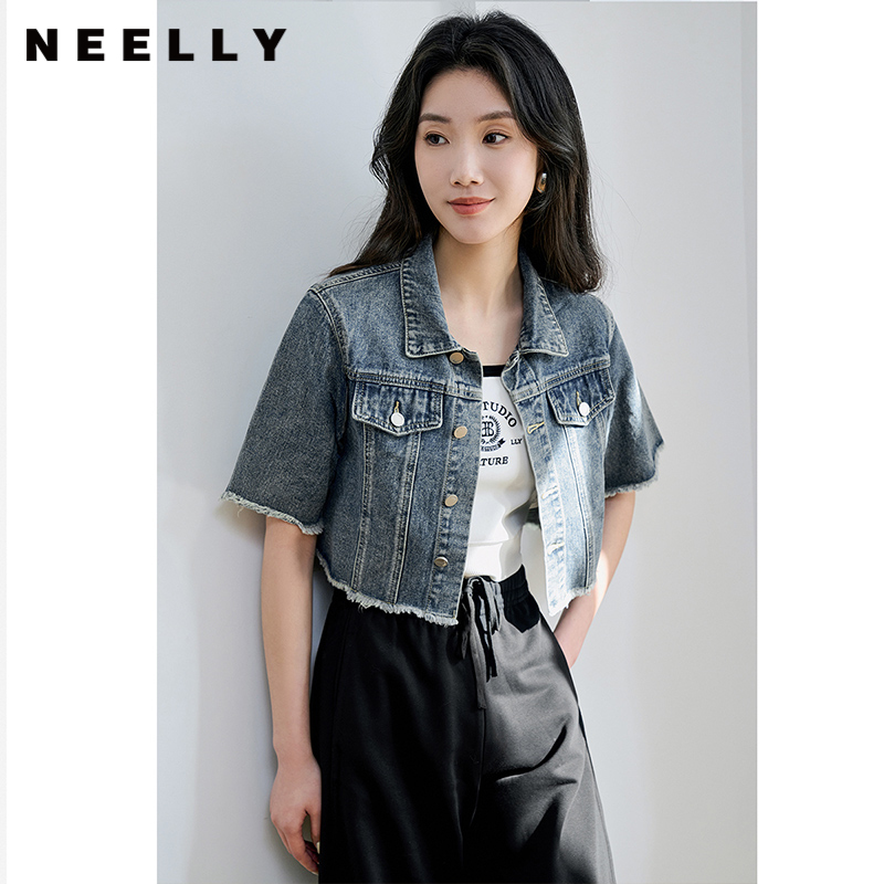 NEELLY纳俪商场同款时尚毛边牛仔外套女流苏高腰百搭短款夹克上衣N23074C07720