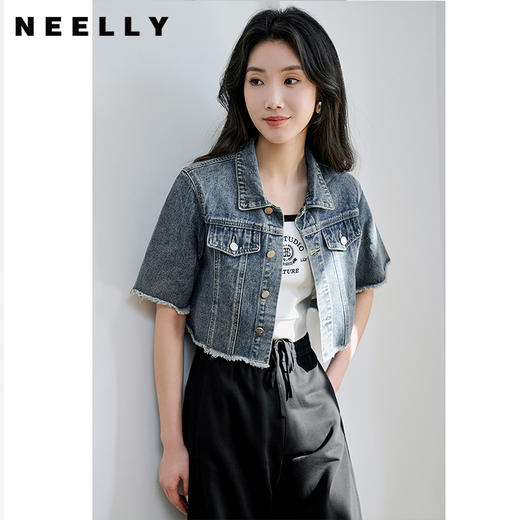 NEELLY纳俪商场同款时尚毛边牛仔外套女流苏高腰百搭短款夹克上衣N23074C07720 商品图0