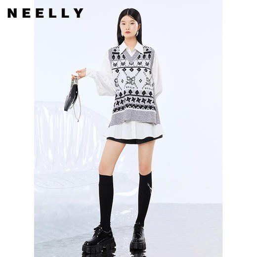 NEELLY纳俪商场同款两件套衬衫连衣裙V领马甲侧开叉针织套头衫N21081Y01107 商品图2