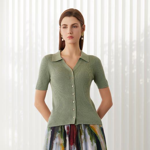 【棉麻坑条纹开衫】24年春夏新品女士短袖针织修身小外套 商品图1