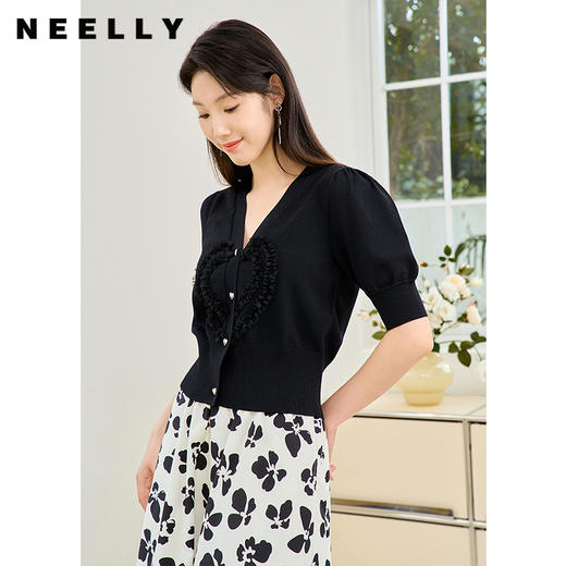 NEELLY纳俪商场同款v领针织衫黑色泡泡袖2023今年流行漂亮上衣女N24034A04562 商品图0