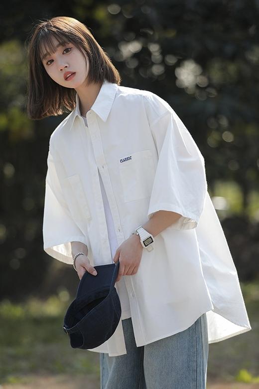 夏季【纯色工装短袖衬衫 女式潮牌潮流日系】休闲百搭 情侣装7分袖衬衣 商品图5