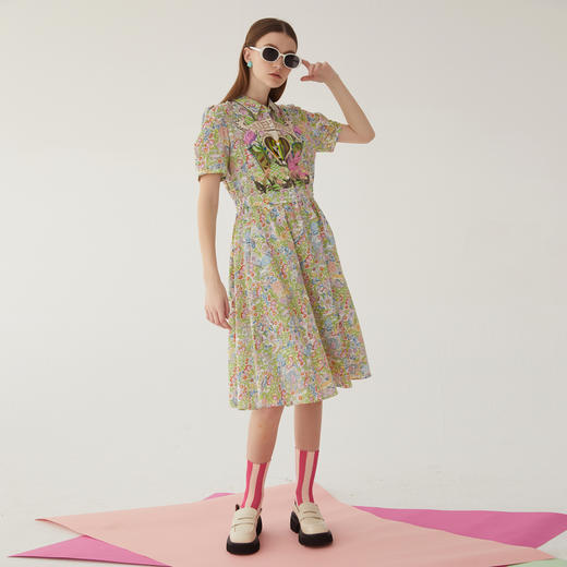 谜底碎花连衣裙短袖2024夏季新款复古文艺花色收腰长裙246ML7052 商品图0