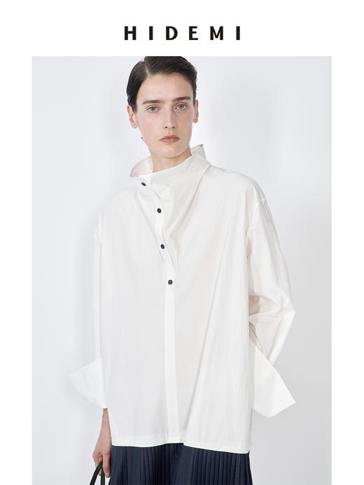 HIDEMI 极简设计感立领纽扣式拼接撞色衬衫连衣裙百褶裙 商品图5