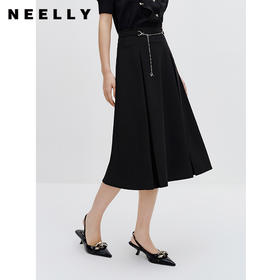 NEELLY纳俪商场同款黑色半身裙女中长款优雅链条系带收腰A字裙N24024E04556