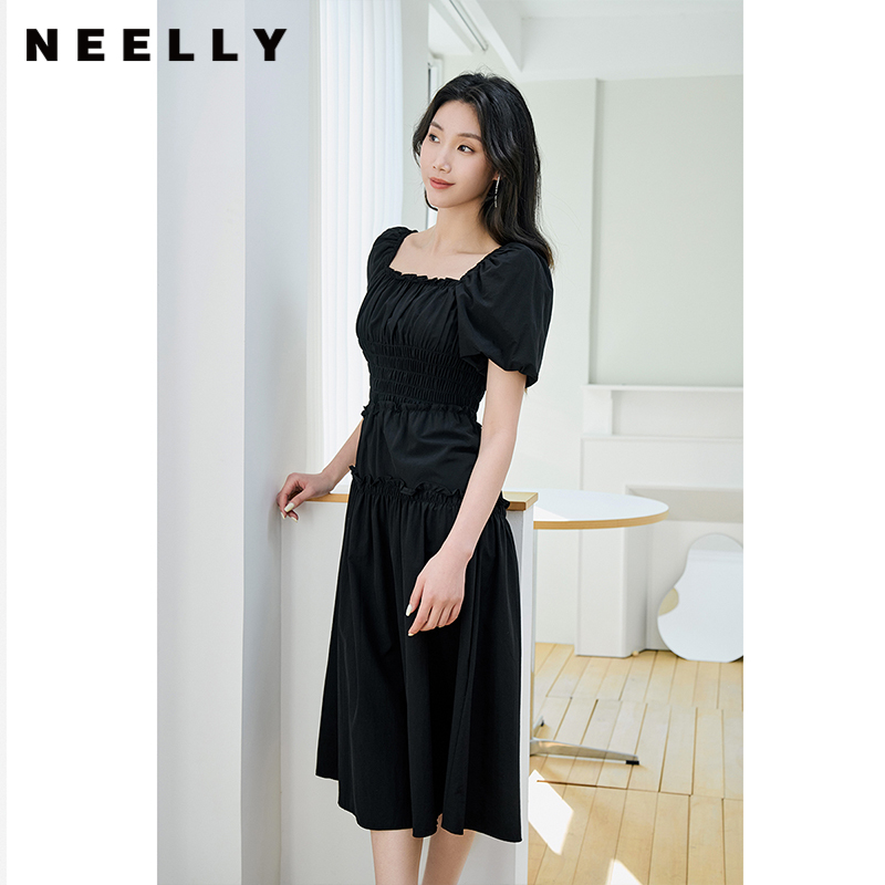 NEELLY纳俪商场同款泡泡袖方领连衣裙女中长款显瘦法式气质小黑裙N23074Y03339
