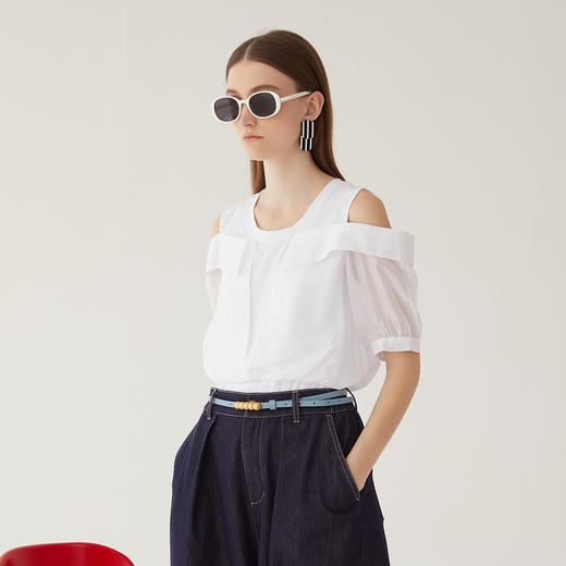 谜底露肩上衣女2024夏季新款时尚圆领拼接收腰衬衫短袖246MS7038 商品图1