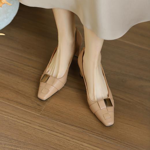 阿么手工女鞋法式编织浅口单鞋女2025新款金属扣真皮高跟鞋6.5CM 商品图4