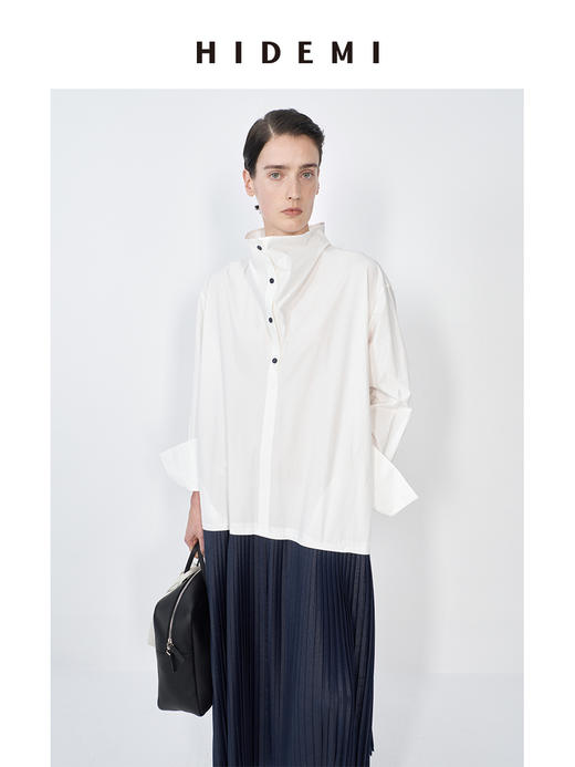 HIDEMI 极简设计感立领纽扣式拼接撞色衬衫连衣裙百褶裙 商品图4