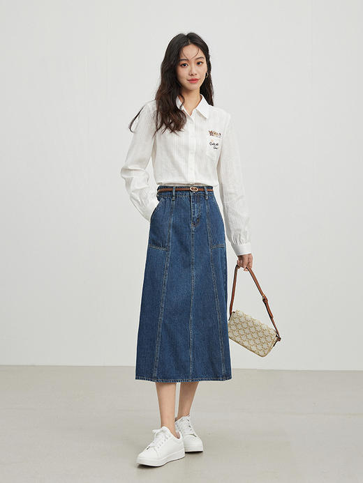 【五折购】熙世界明线牛仔裙女中长款2025秋新款高腰梨形身材a字半身裙子 商品图4