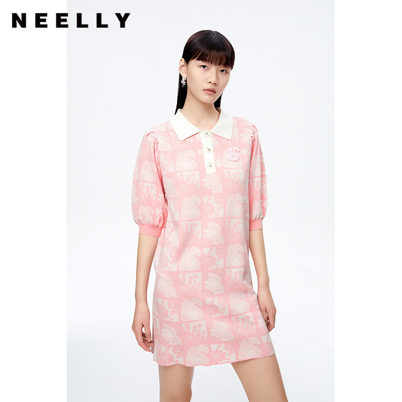 NEELLY纳俪商场同款polo领连衣裙女秋粉色针织显瘦中长款短袖裙子N22081Y01067