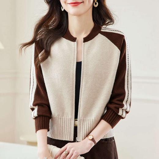 短款立领拼色针织开衫，女高腰小个子春季新款拉链外搭上衣毛衣外套CC-MY-1093 商品图2
