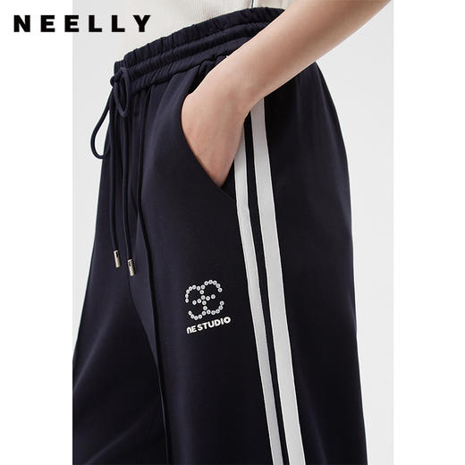 NEELLY纳俪商场同款藏青色运动风阔腿裤女舒适高腰抽绳休闲直筒裤N24021H01091 商品图2