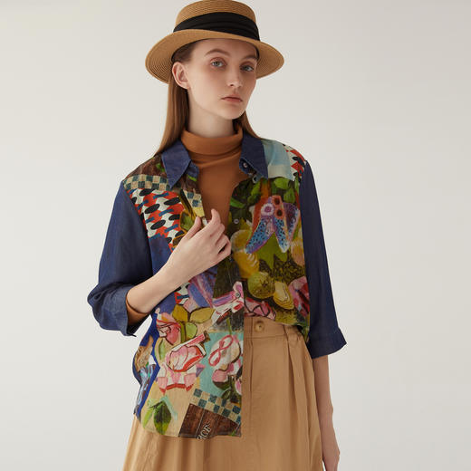 谜底牛仔拼接衬衫分袖女2024夏季新款复古印花亲肤衬衣246MC7071 商品图1