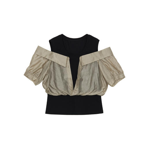 谜底圆领拼接上衣女2024夏季新款时尚优雅露肩短袖衬衫246MS7039 商品图4