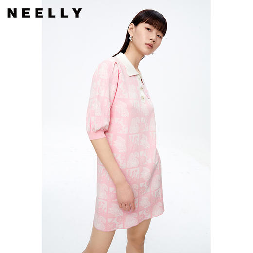 NEELLY纳俪商场同款polo领连衣裙女秋粉色针织显瘦中长款短袖裙子N22081Y01067 商品图2