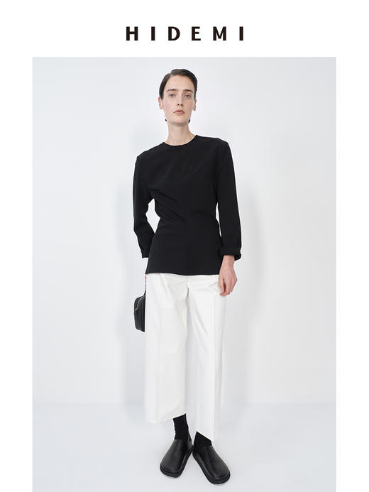 HIDEMI 极简春日圆领设计感前后两穿立体剪裁缎面外套上衣女 黑色/白色 商品图4