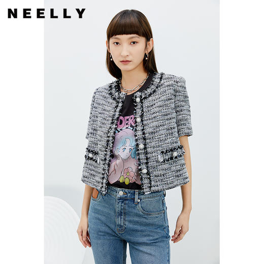 NEELLY纳俪商场同款高级短款小香风外套女毛边钉珠设计感短袖外套N22074C04438 商品图1