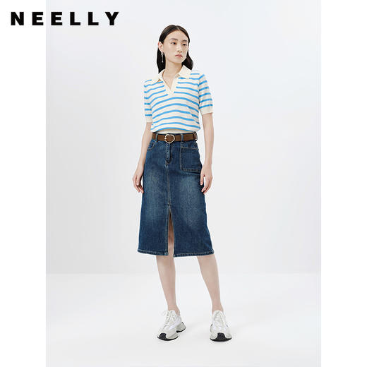 NEELLY纳俪商场同款气质v领针织衫女短袖条纹毛衣套头衫修身百搭N24034A04560 商品图1