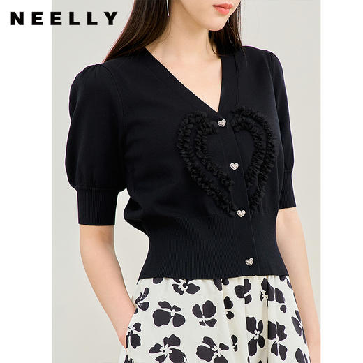 NEELLY纳俪商场同款v领针织衫黑色泡泡袖2023今年流行漂亮上衣女N24034A04562 商品图2