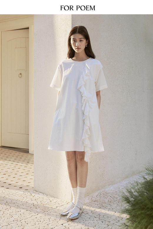 ForPoem 现货 24/SS原创设计春季新款木耳花边白色简约短袖连衣裙女 商品图5