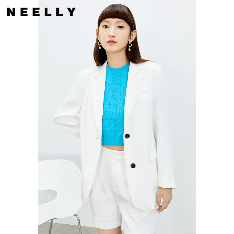 NEELLY纳俪商场同款夏新款两粒扣白色外套翻领小西装女潮N22074W04444