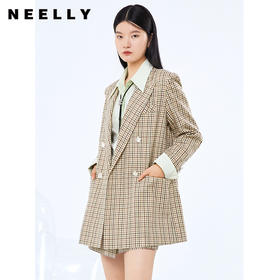 NEELLY纳俪翻驳领西装女中长款格纹复古闪钻双排扣外套百搭显瘦N22074W04415