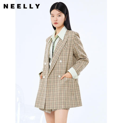 NEELLY纳俪翻驳领西装女中长款格纹复古闪钻双排扣外套百搭显瘦N22074W04415 商品图0