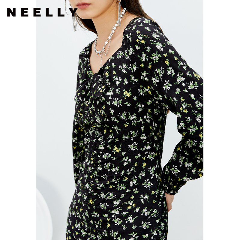 NEELLY纳俪商场同款复古桃心领碎花连衣裙女夏新款百搭时尚N22074Y04410
