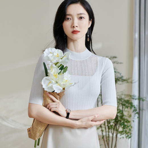 【显瘦针织衫】2026春季新款优雅知性半透烫钻修身上衣女0474 商品图4