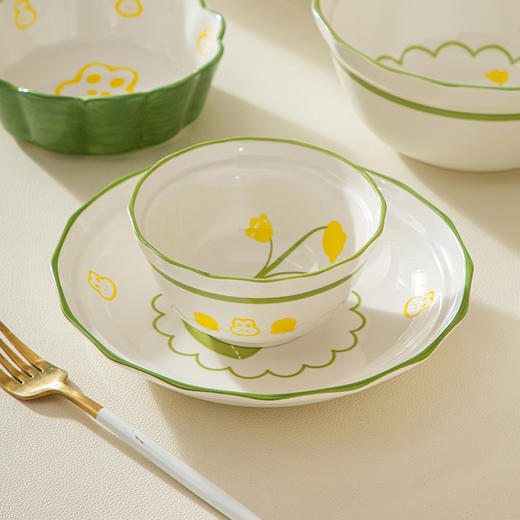 「七件套！抖音同款」新款创意ins风餐具2人食绿色铃兰小清新餐饮用具釉下彩陶瓷碗盘碟7件套装 商品图3