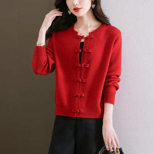 早春新款，国风短外套喜庆中国红色毛衣开衫新中式上衣春秋外搭CC-5-5891 商品图0