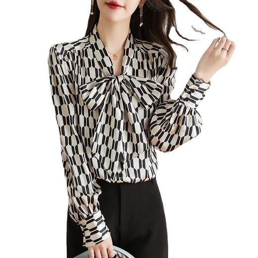 ALBB-黑白印花上衣春季新款v领飘带设计感小众气质长袖衬衫 商品图4