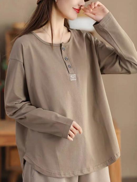 雀说春季新款 文艺棉长袖上衣女时尚纯色套头衫宽松显瘦T恤AL1073 商品图3
