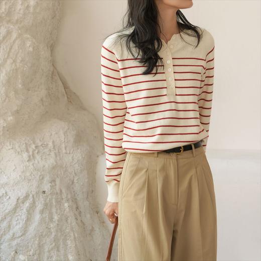 「三色可选！小众设计款」甜美温柔风圆领条纹针织衫 上衣女春季新款设计感长袖宽松套头毛衣 商品图1