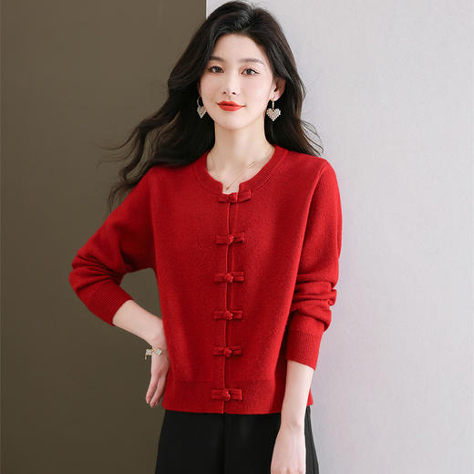 早春新款，国风短外套喜庆中国红色毛衣开衫新中式上衣春秋外搭CC-5-5891 商品图1