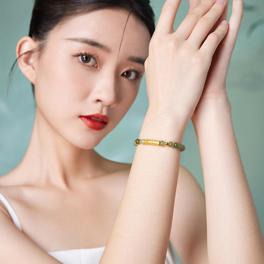 周六福黄金金镶玉手串节节高升竹节女手链和田玉串珠送女友礼物 商品图3