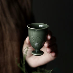 禺沐青云 严少英 兰花高足杯 龙泉青瓷薄胎厚釉梅子青茶杯青瓷品茗杯名师手作主人杯个人杯