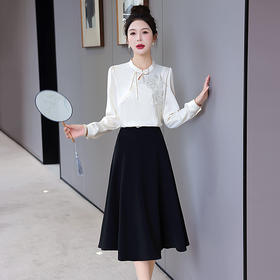 HR WHA691-69时尚复古风拼接刺绣洋气A裙两件套