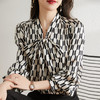 ALBB-黑白印花上衣春季新款v领飘带设计感小众气质长袖衬衫 商品缩略图1