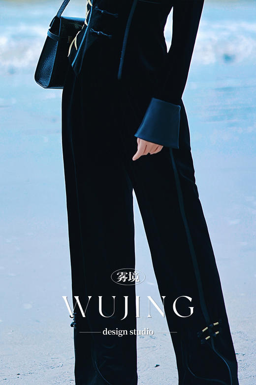 【雾境定制】黑金锦竹高级感新中式拼皮丝绒直筒裤 3203098 商品图1