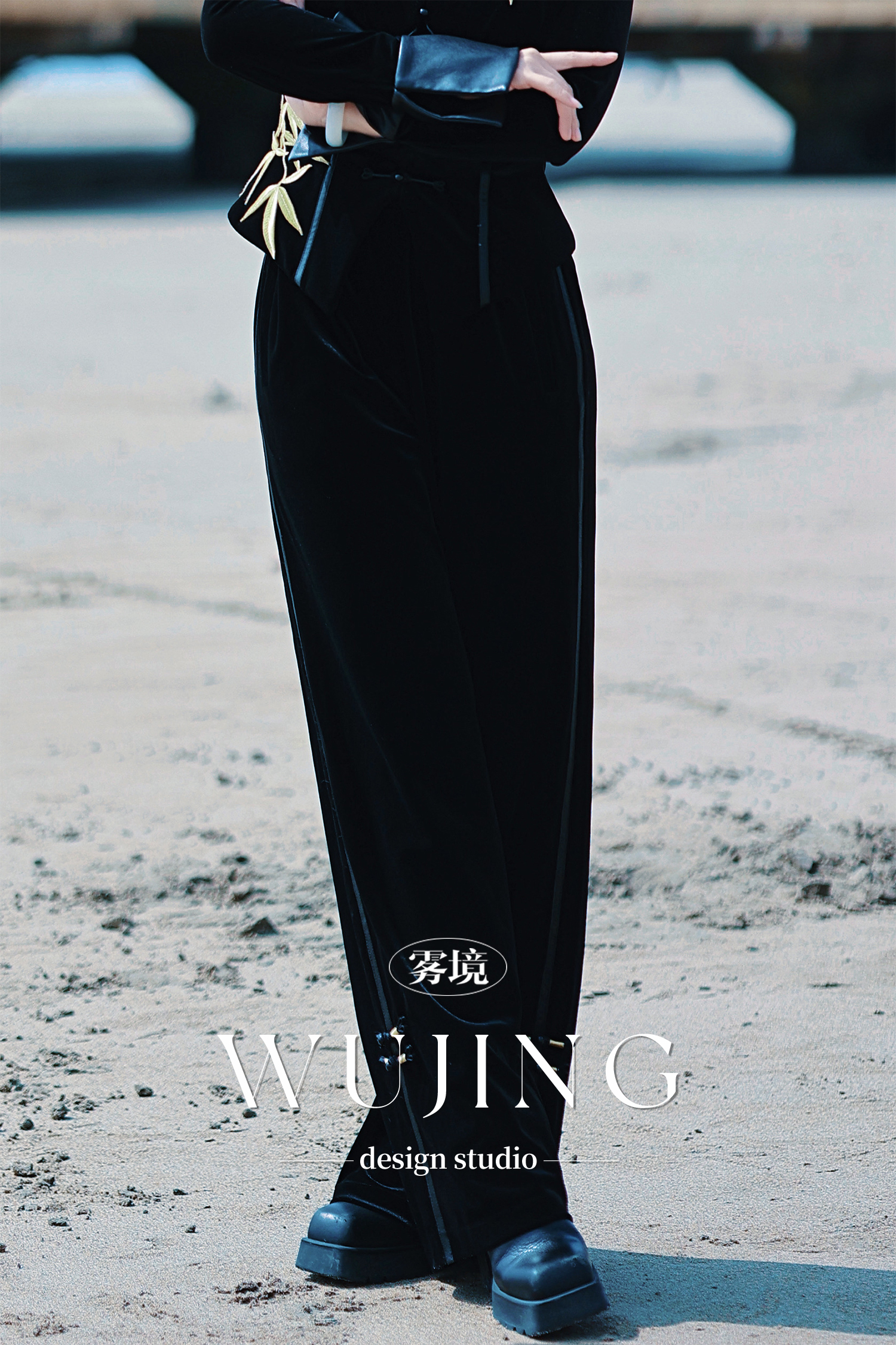 【雾境定制】黑金锦竹高级感新中式拼皮丝绒直筒裤 3203098